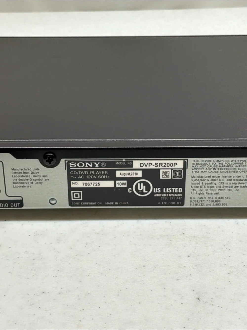 Sony DVP-SR200P DVD Player With AV Cable - No Remote Tested Works